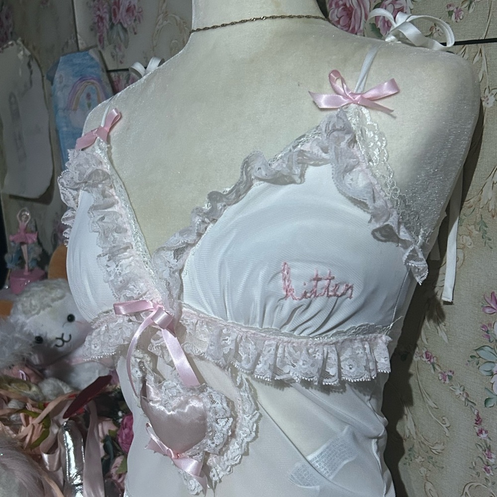 Kitten 🎀 ooak top cami  rhinestones  dolly sheer  pink bows heart